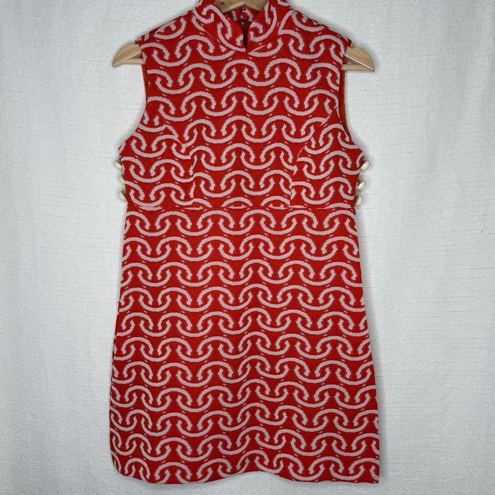 VTG 60s Mod Mini Dress XS Red White Psychedelic Swirl Go Go Mock Neck READ SIZE